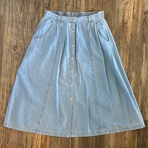 Vtg Erika Blues Button-Front A-Line Midi Jean Skirt M (Fits L) Light Blue Denim
